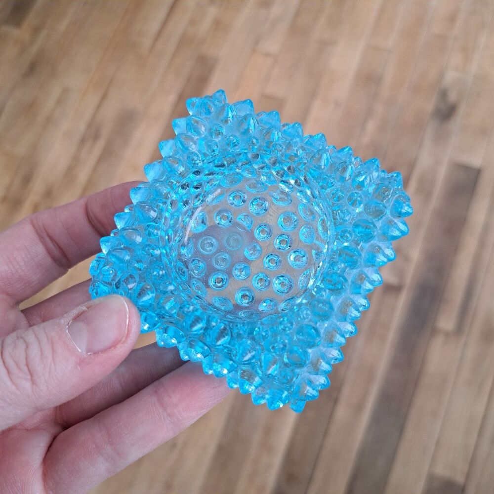 Vintage Fenton Light Blue Hobnail Glass Square Salt Cellar Votive Candle Holder